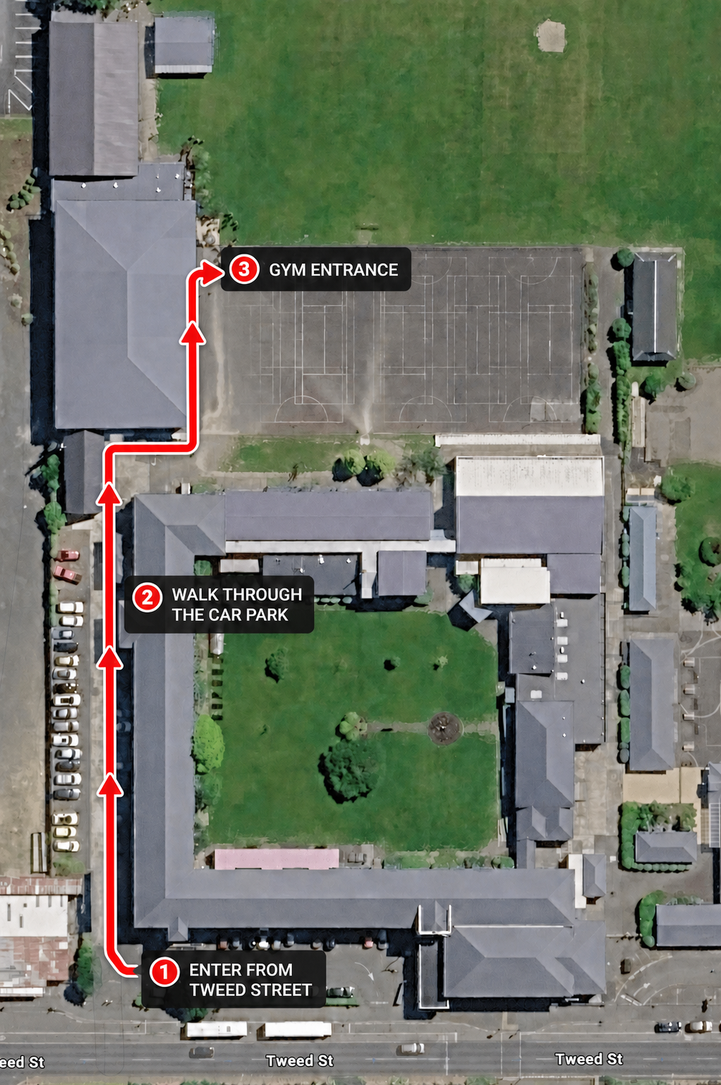 Walking route through the western car park to the gym entrance beside the courts